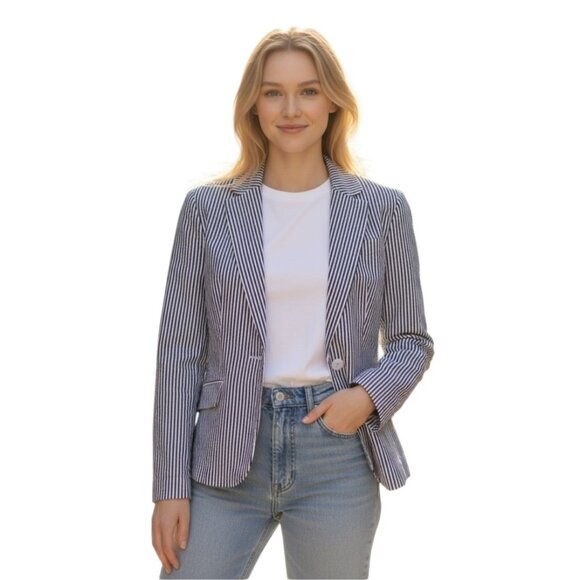 SANDRO Gray and White Stripe Cotton Seersucker Blazer Size Small Jacket - Picture 1 of 7